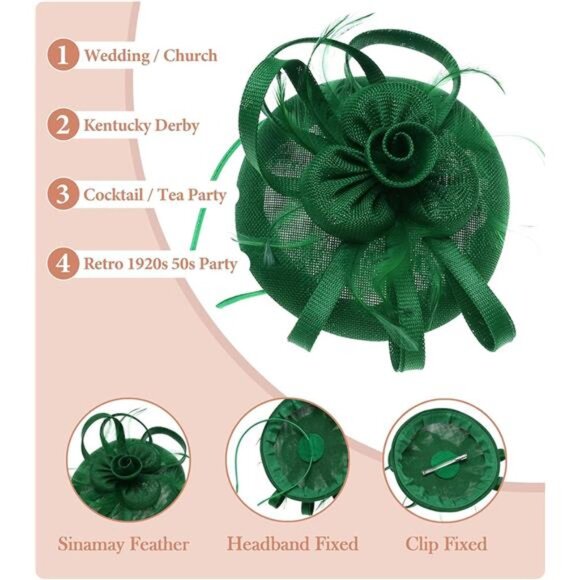 Fascinator Church Derby Hat Pillbox Hats Dark Green
